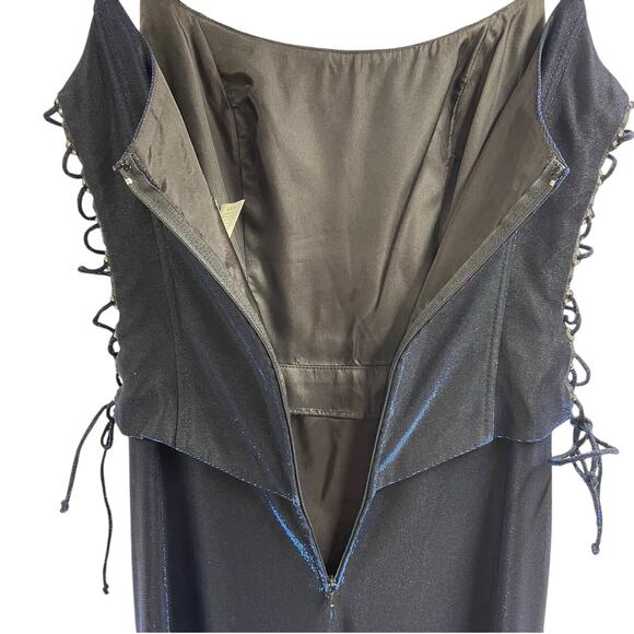 Beautiful Cache Dress Shiny Iridescent Blue Full Length 4 Vintage Lace Sides - Picture 8 of 9